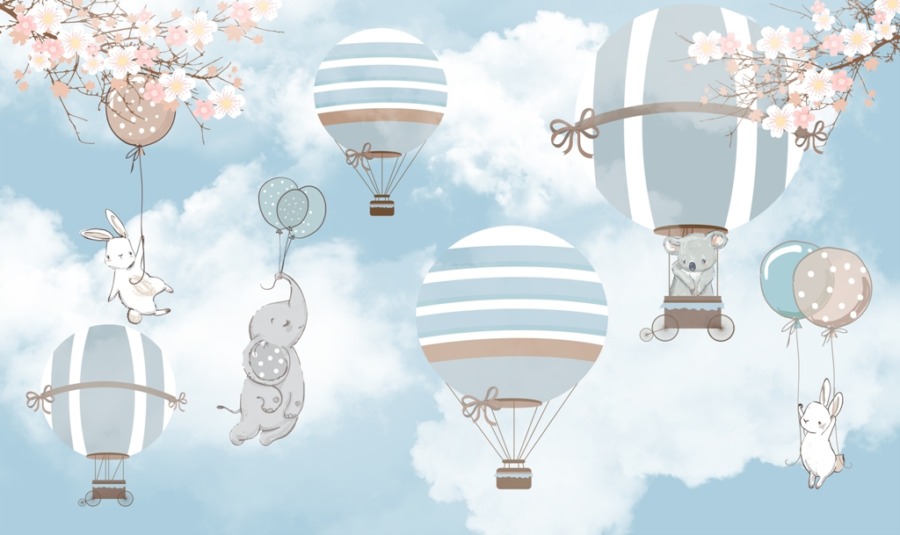 Tapety se zvířaty a třešňovými květy v tlumených barvách Jarní balonový let pro dětský pokoj - číslo obrázku 2