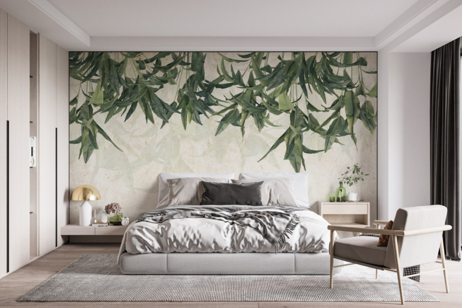 Nástěnná malba exotických listů na šedém pozadí Green Ceiling - hlavní obrázek produktu