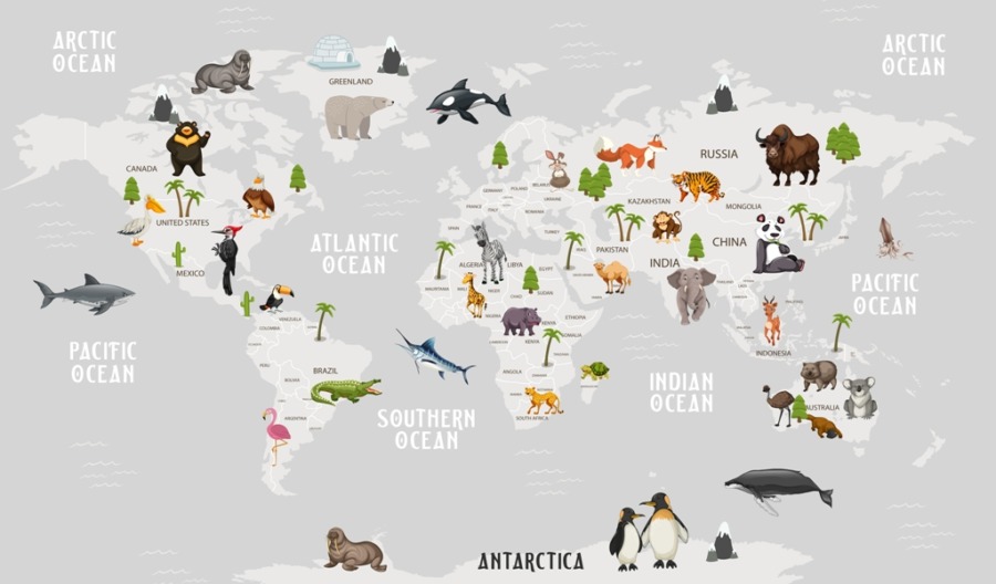 Fototapeta w szarych kolorach ze zwierzętami na mapie świata Zwierzęta na Kontynentach - zdjęcie numer 2