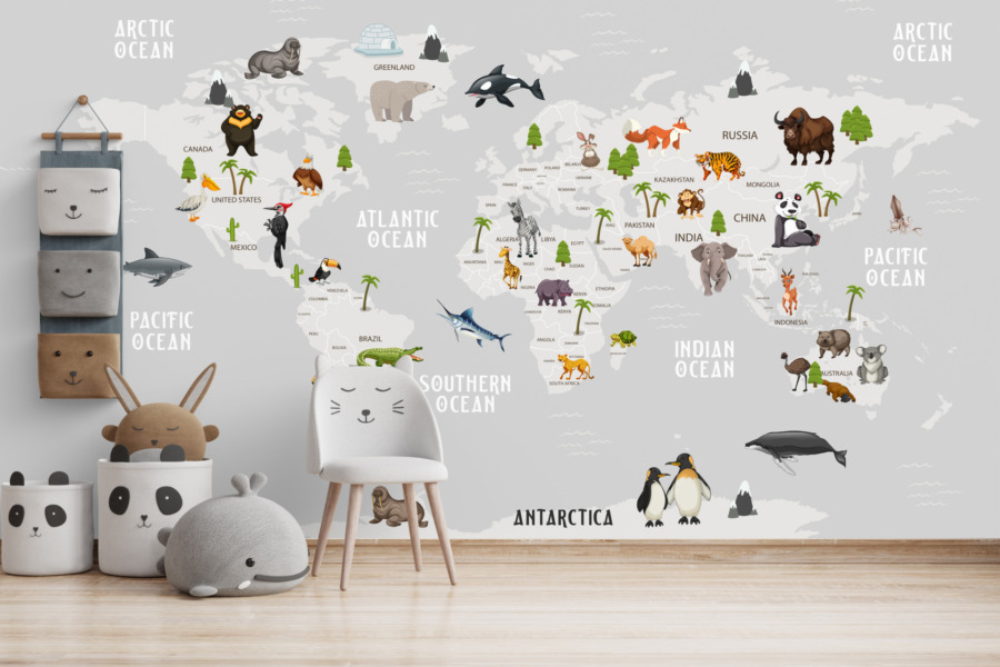 Nástěnná malba v šedé barvě se zvířaty na mapě světa Zvířata na kontinentech - hlavní obrázek produktu