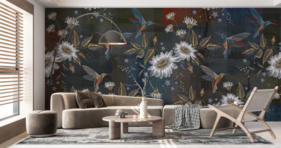 3D nástěnná malba s výraznými barvami White Flowers and Hummingbirds - hlavní obrázek produktu