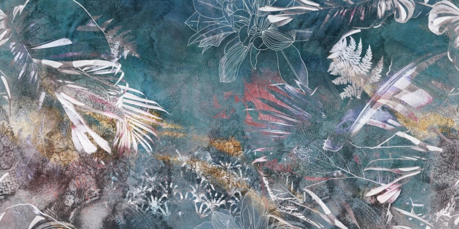 Nástěnná malba květin a listů na modrém pozadí Rostlinná abstrakce - obrázek číslo 2