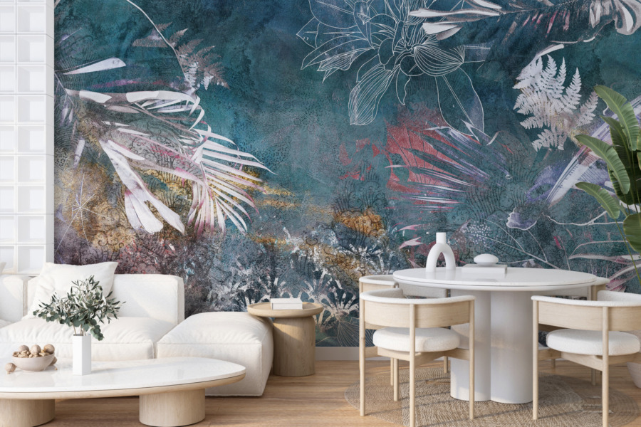 Nástěnná malba květin a listů na modrém pozadí Rostlinná abstrakce - hlavní obrázek produktu