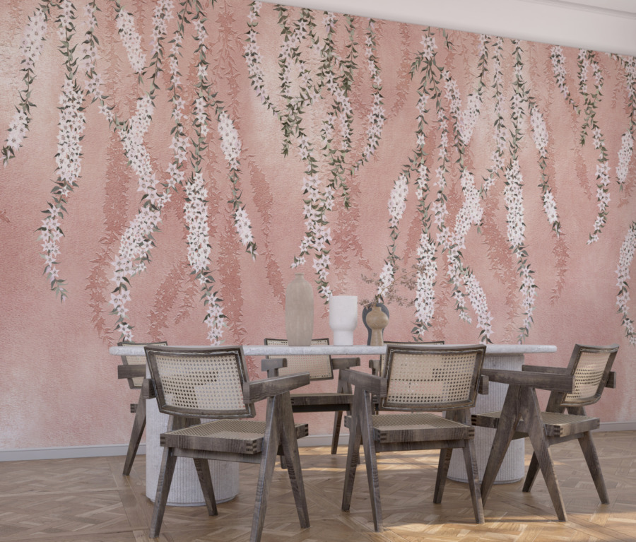 Nástěnná malba jarních květin visících vertikálně White Flowers On Pink Background - hlavní obrázek produktu