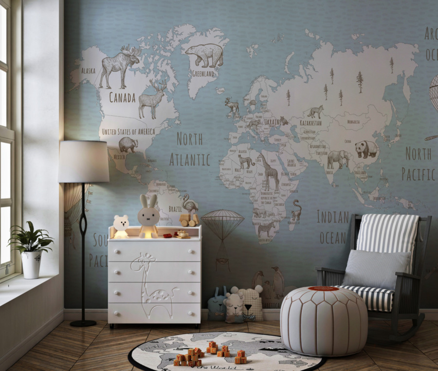 Nástěnná malba s mapou kontinentů a zvířat Modrý oceán na mapě - obrázek číslo 2