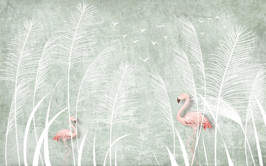Fototapeta z motywem egzotycznym w bieli, szarości i różu Flamingi Na Białej Łące - zdjęcie numer 2