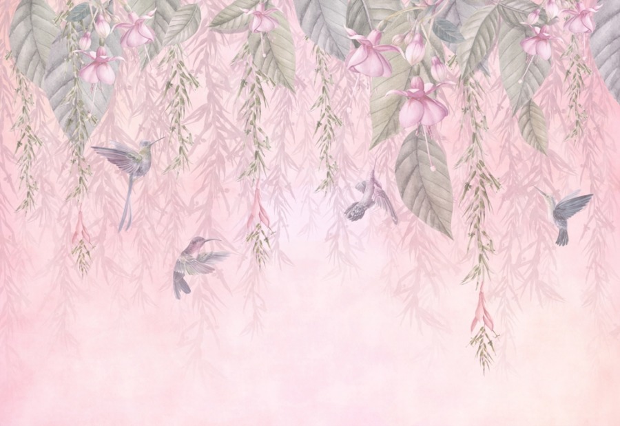 Nástěnná malba v dominantním odstínu teplé růžové Kolibříci v květech - obrázek číslo 2