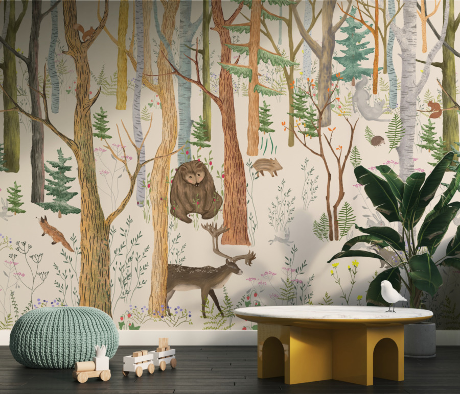 Nástěnná malba v zimních barvách s divokými zvířaty Lesní flóra a fauna - hlavní obrázek produktu