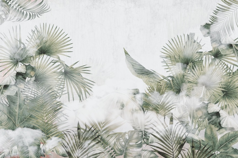 Nástěnná malba s motivem rostlin v šedých a zelených tónech Listy v bílé mlze - obrázek číslo 2