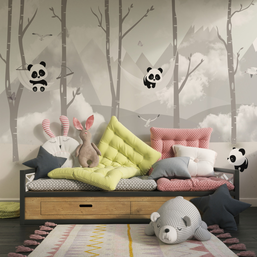 Nástěnná malba v jemných odstínech šedé Medvídci ve Stříbrných horách pro dětský pokoj - hlavní obrázek produktu