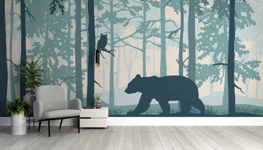 3D nástěnná malba s lesním motivem Medvěd v modrém lese - hlavní obrázek produktu