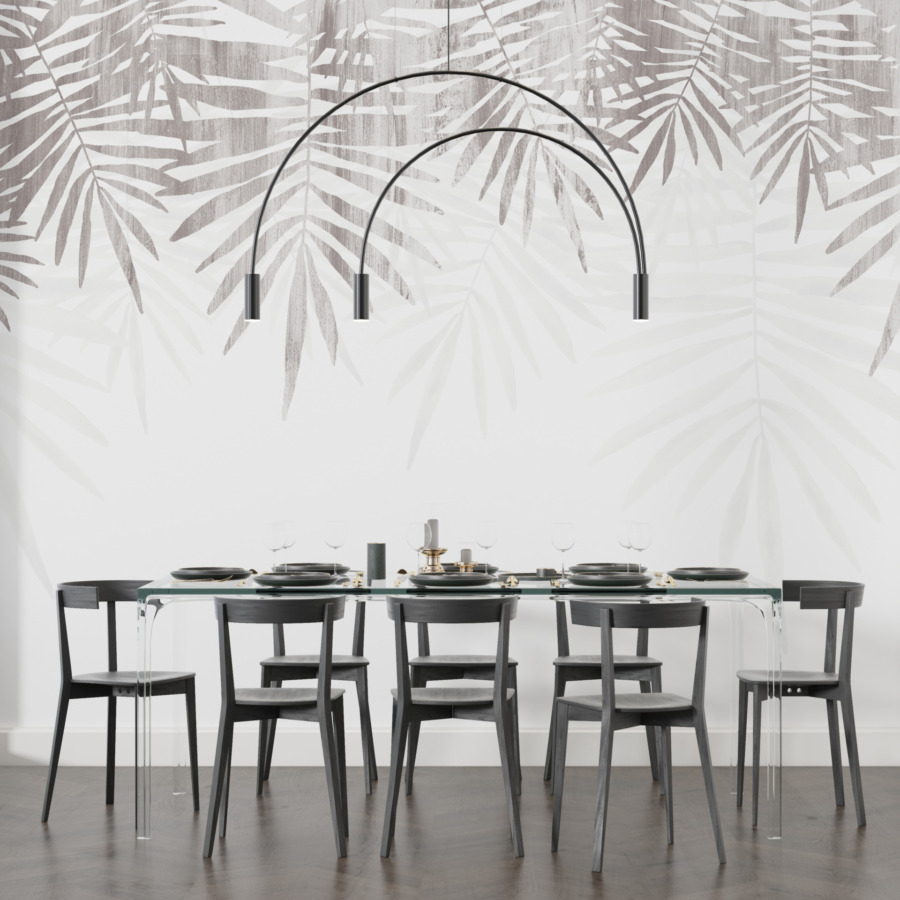 Nástěnná malba s exotickým motivem v tlumených tónech palmy v šedé a bílé barvě - hlavní výrobní obrázek