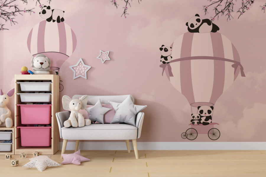 Fototapeta v teplých barvách do dětského pokoje Panda On Pink Sky - hlavní obrázek produktu