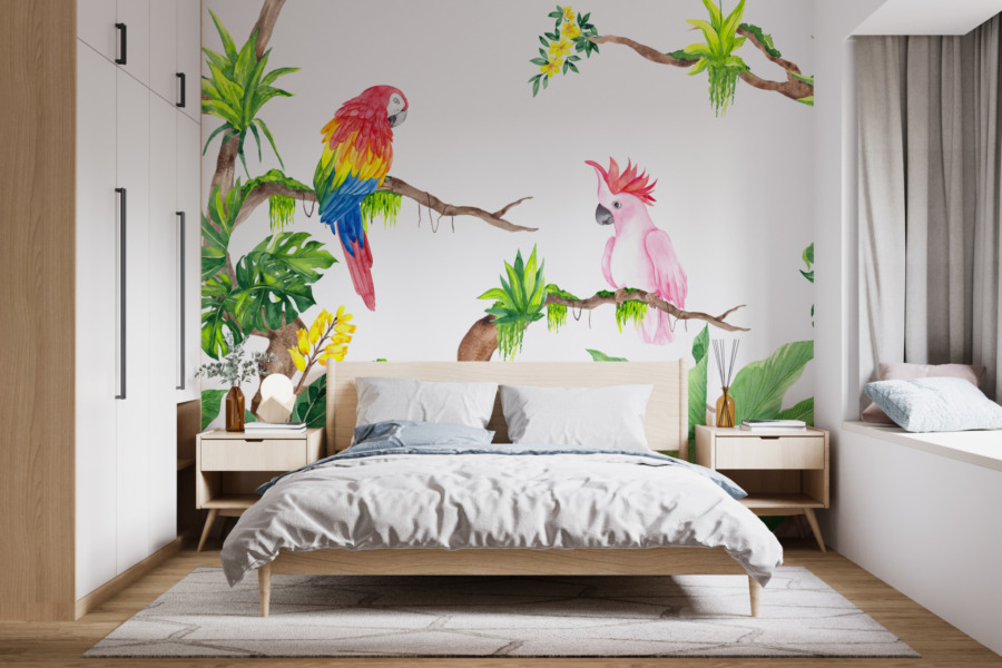 Nástěnná malba v jemných barvách Papoušci na větvích - hlavní obrázek produktu
