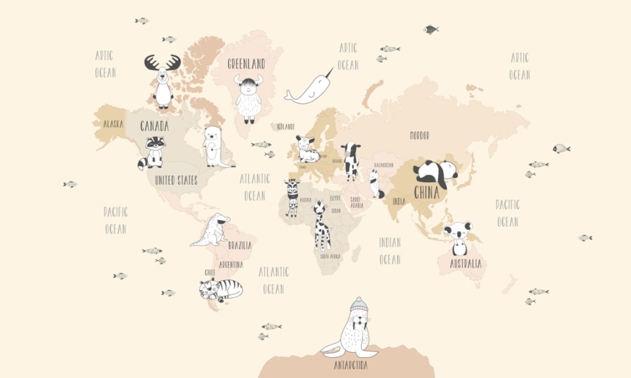 Nástěnná malba s kontinentální mapou světa v pastelových odstínech Pink Map With Animals - číslo obrázku 2