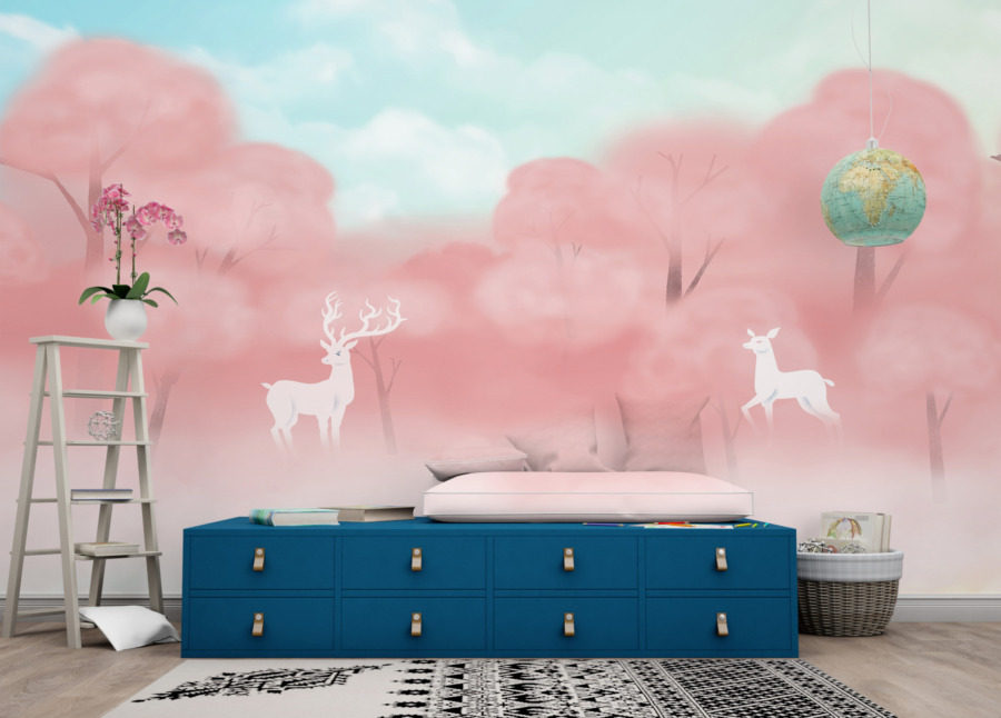 Nástěnná malba v pohádkových tónech s bílými zvířaty v růžovém lese Pink Trees - hlavní obrázek produktu