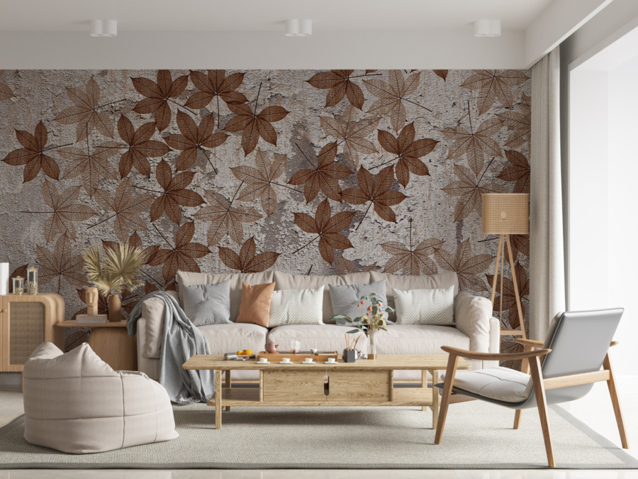 Nástěnná malba v podzimní hnědé barvě Wall of fine leaves - hlavní obrázek produktu