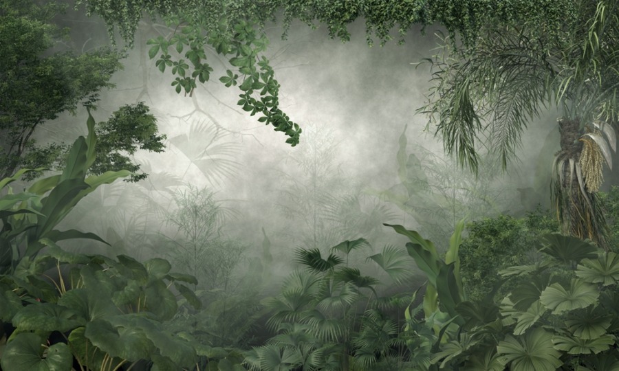 Nástěnná malba v odstínech zelené s tropickou džunglí Světlo v zeleném tunelu - obrázek číslo 2