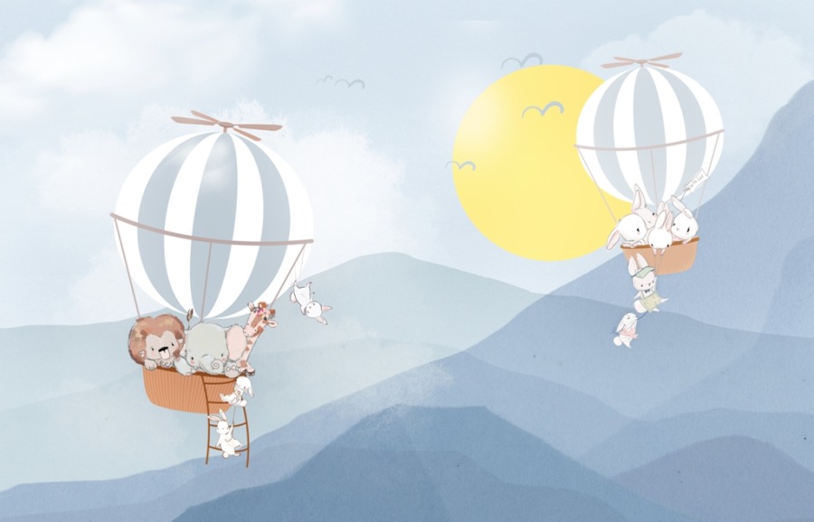 Tapety s balónky v modrých tónech Zvířata v letu nad horami pro dětský pokoj - číslo obrázku 2