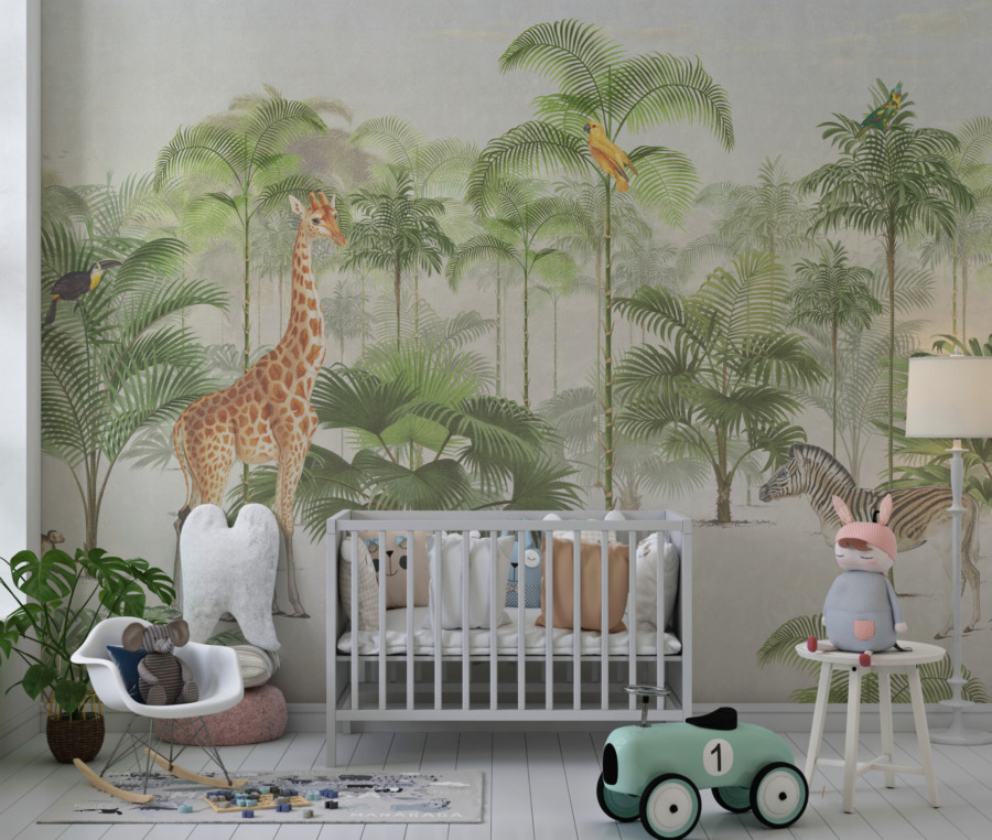 Fototapeta s exotickými zvířaty v džungli ve veselých barvách Žirafa v zelené barvě - hlavní obrázek produktu