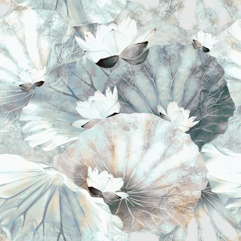Abstraktní nástěnná malba s modrými listy a bílými květy White Nenufar - obrázek číslo 2