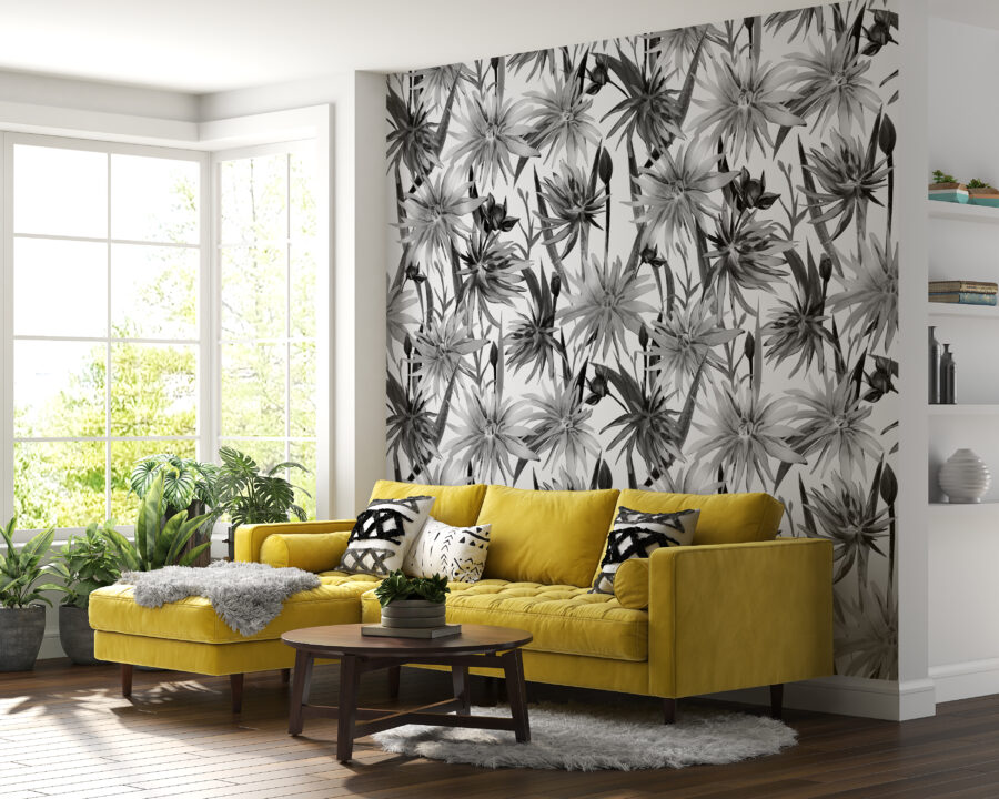 Fototapeta s rostlinným motivem v tmavých barvách do moderního obývacího pokoje Black Blossoming Flowers - hlavní obrázek produktu