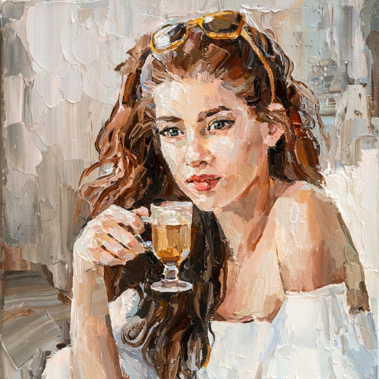 Fototapeta z portretem malowanym akwarelą o niejednolitej strukturze Dziewczyna Pijąca Kawę - zdjęcie numer 2