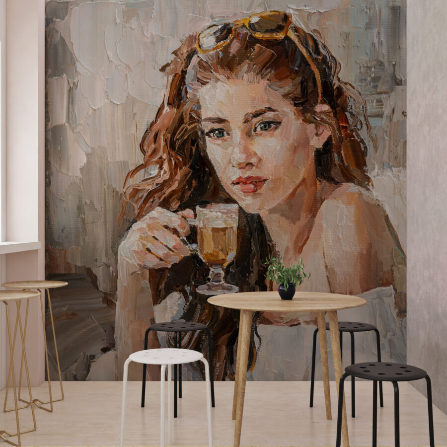 Portrétní nástěnná malba akvarelem s nerovnoměrnou strukturou Dívka pijící kávu - hlavní obrázek produktu