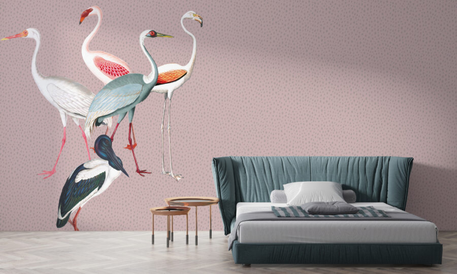 Nástěnná malba s exotickými barevnými ptáky na nejednotném pozadí Flamingos in Dots - hlavní obrázek produktu