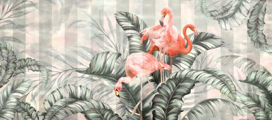 Nástěnná malba s motivem tropických ptáků a svislým pruhovaným pozadím Plameňáci v listí - obrázek číslo 2