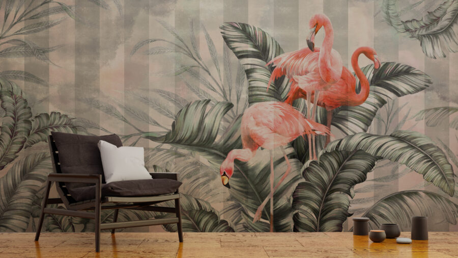 Nástěnná malba s motivem tropických ptáků a svislým pruhovaným pozadím Flamingos in Leaves - hlavní obrázek produktu