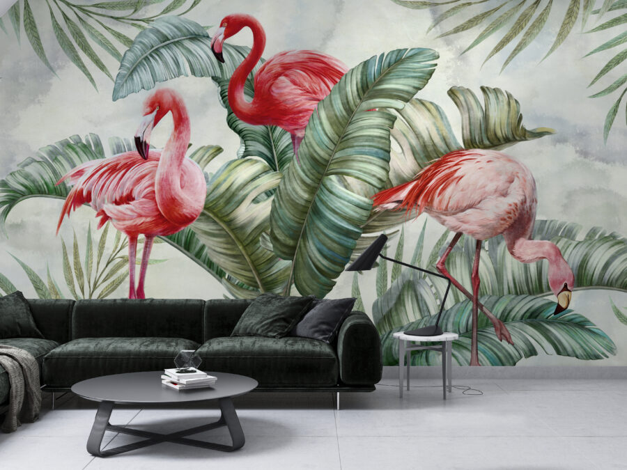 Nástěnná malba v exotických barvách Flamingos in Green - hlavní obrázek produktu