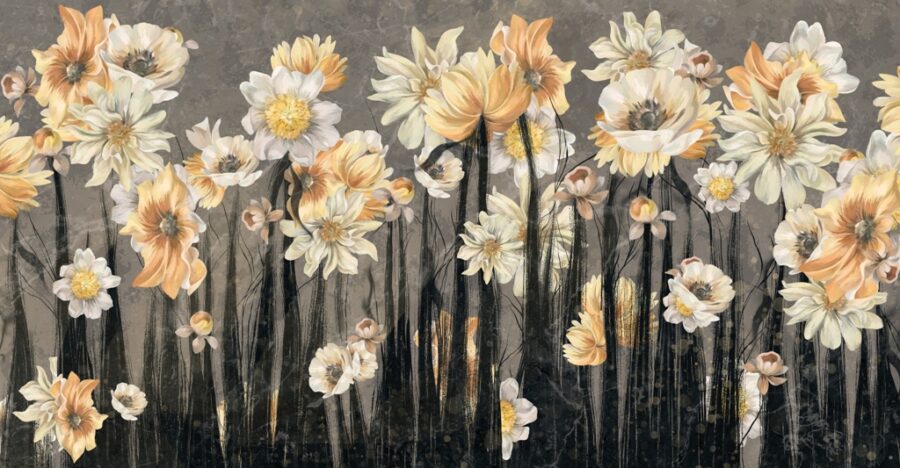 Nástěnná malba s květinovým motivem na tmavém pozadí Květiny na černých stoncích - obrázek číslo 2