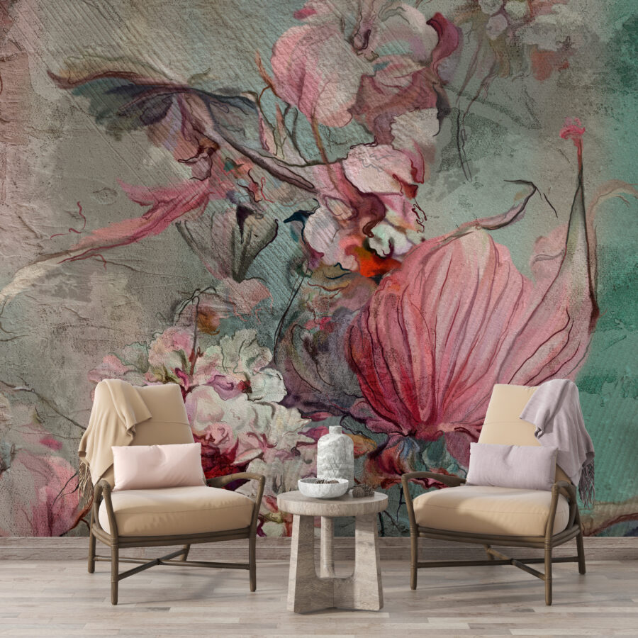 Fototapeta v odstínech růžové a červené na tlumeném pozadí s průhlednou strukturou stěny Květiny na zdi - hlavní obrázek produktu