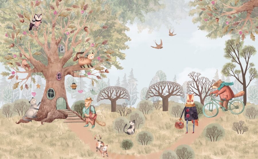 Fototapeta w ciepłych kolorach z bajkową tematyką zwierząt leśnych do pokoju dziecięcego Leśny Domek z Bajki - zdjęcie numer 2