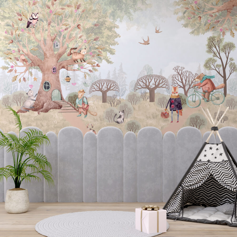 Fototapeta v teplých barvách s motivem pohádkových lesních zvířat do dětského pokoje Lesní pohádkový dům - hlavní obrázek produktu