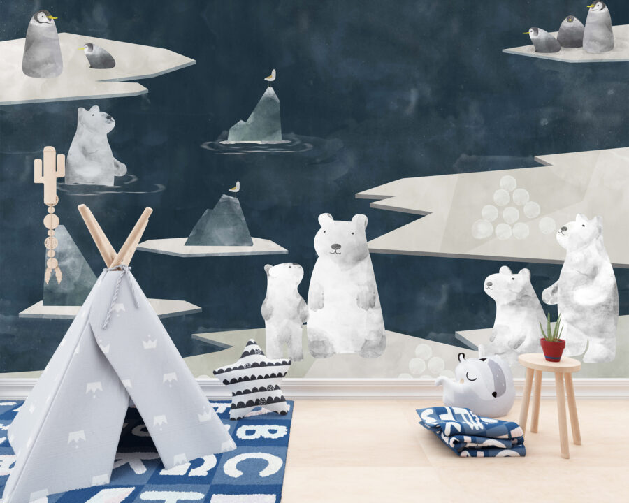 Nástěnná malba v bílé a tmavě modré barvě se zimní ilustrací Lední medvědi - hlavní obrázek produktu