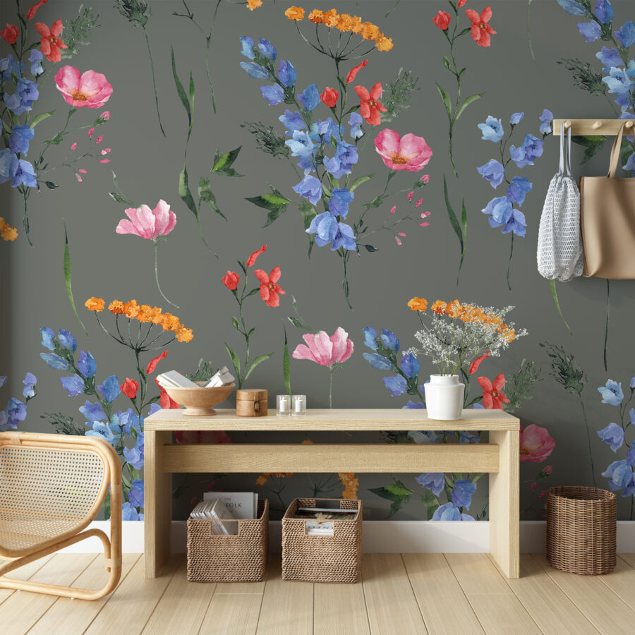 Nástěnná malba na šedém pozadí s živými barvami květin v moderním stylu Motiv polních květin - hlavní obrázek produktu