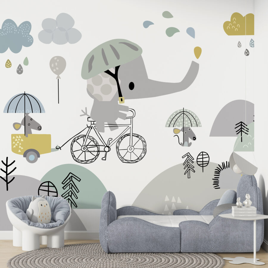 Nástěnná malba v odstínech bílé, modré a šedé Modrý slon do dětského pokoje - hlavní obrázek produktu