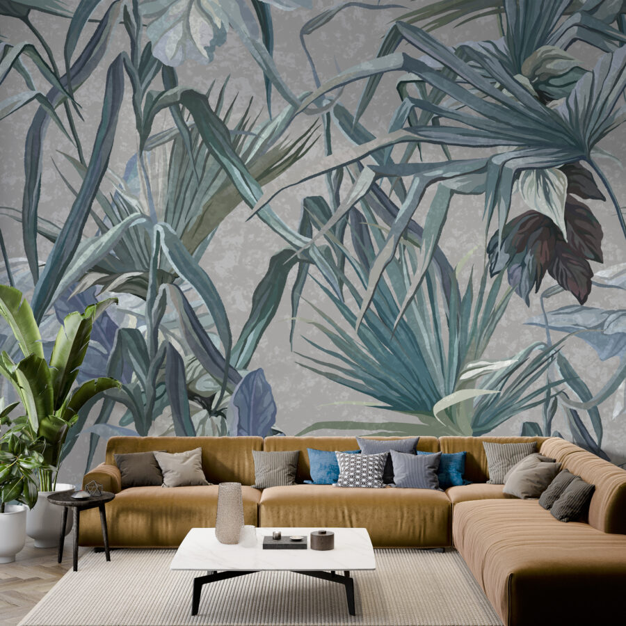 Nástěnná malba s tropickými listy v safírových odstínech Blue Tropics - hlavní obrázek produktu