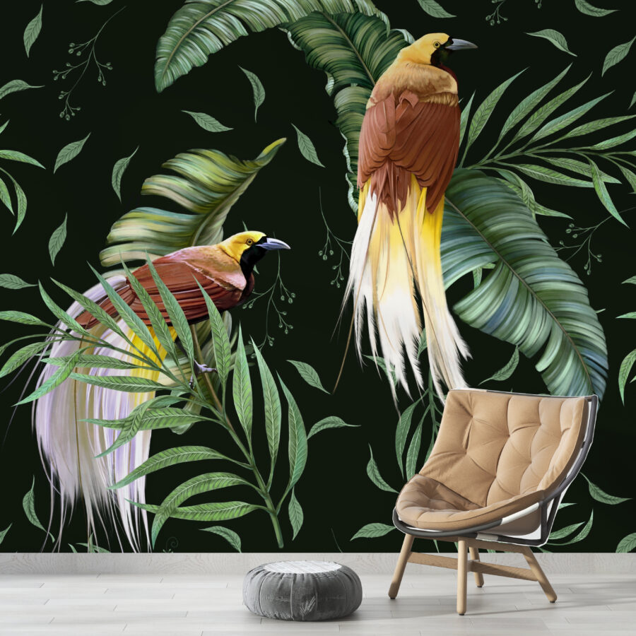 Nástěnná malba na tmavém pozadí s tropickým motivem Pár exotických ptáků - hlavní obrázek produktu