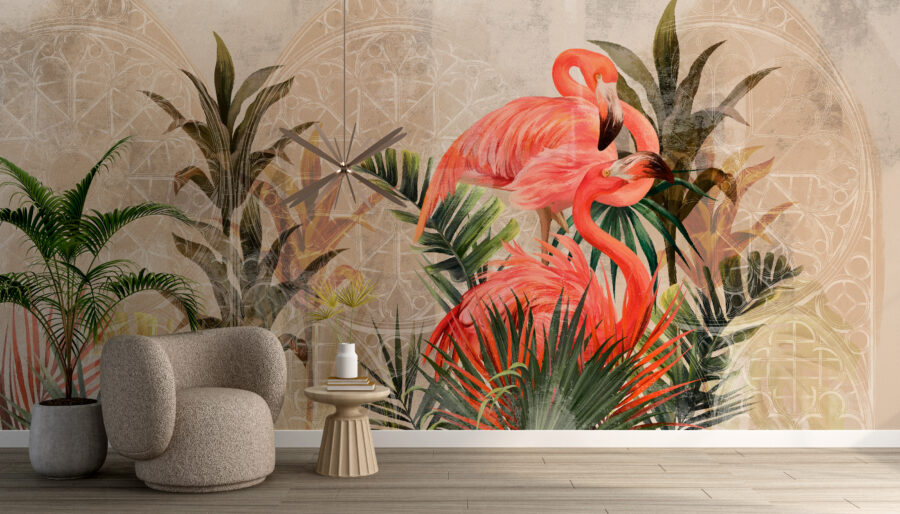 Nástěnná malba s exotickým motivem s dominantními červenými pelikány v pasáži - hlavní obrázek produktu