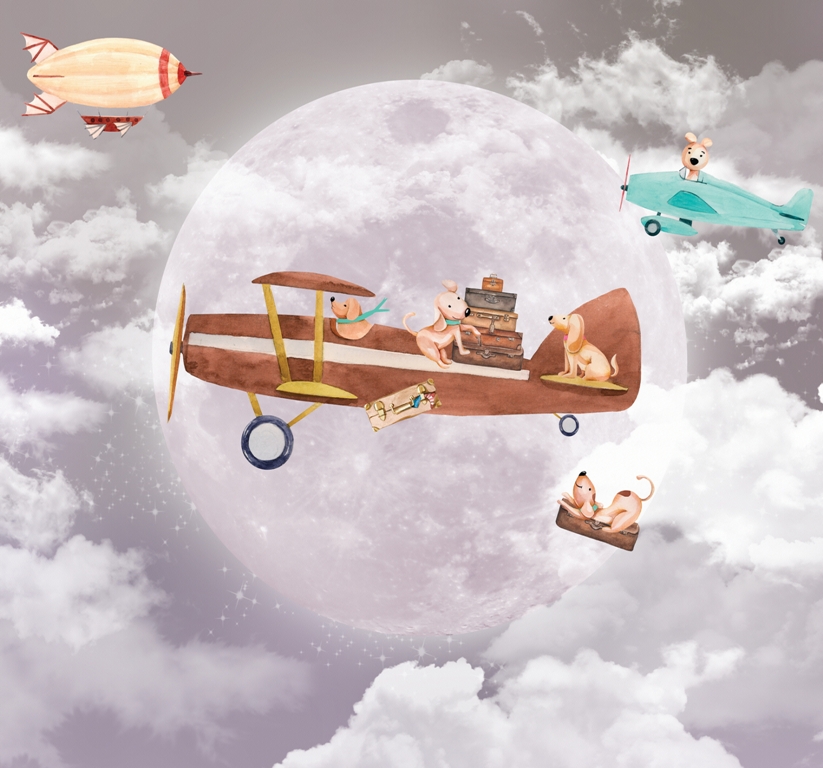 Nástěnná malba starého letadla na pozadí úplňku Psi v letadle - obrázek číslo 2