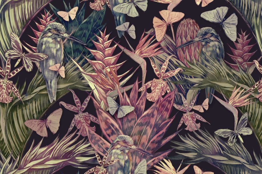 Nástěnná malba s tropickou tématikou a barevnými živými ptáky ukrytými v květinách - obrázek číslo 2