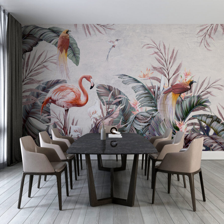 Nástěnná malba s tropickou tématikou a zajímavými barvami, která se hodí do každého interiéru Ptáci v rajské zahradě - hlavní obrázek produktu
