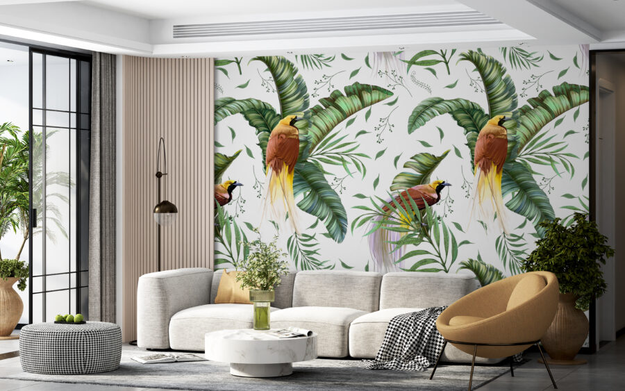 Nástěnná malba v bílé, zelené a hnědé barvě Birds of Paradise - hlavní obrázek produktu