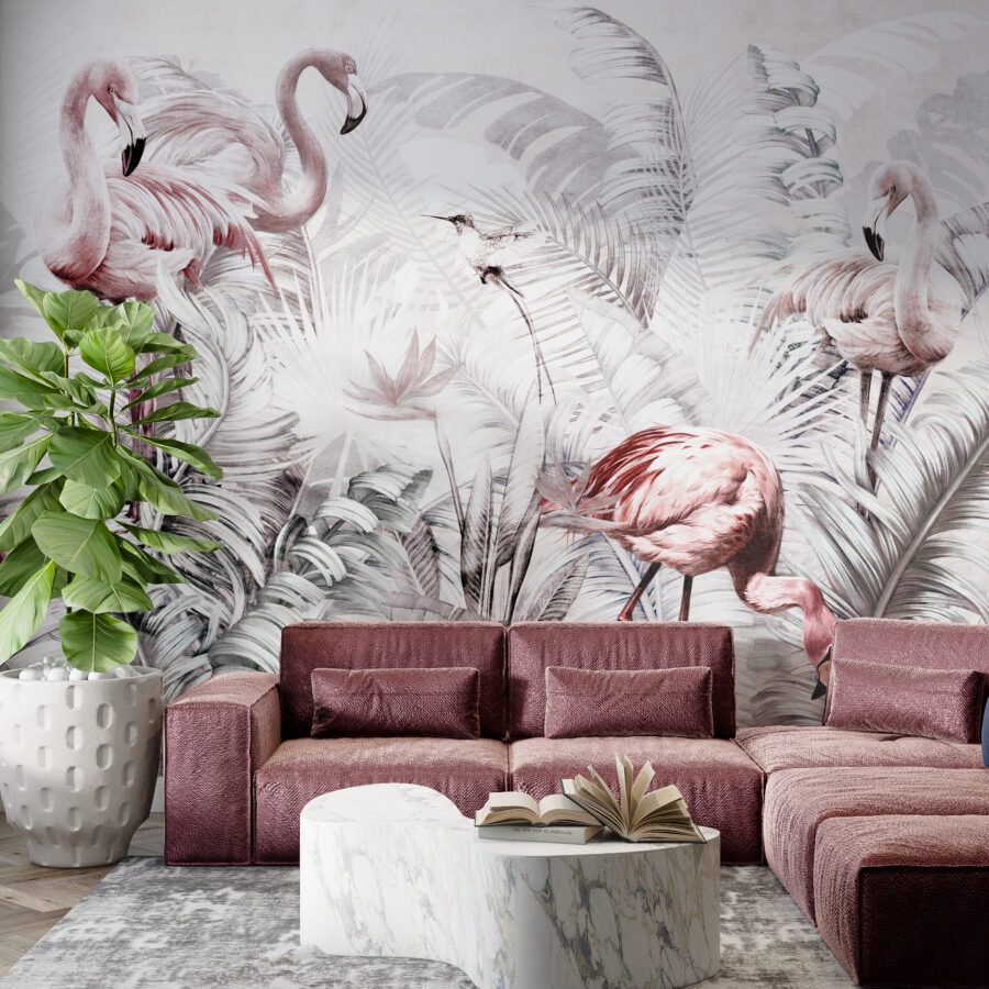 Nástěnná malba exotických ptáků v tlumených tónech Flamingo family - hlavní obrázek produktu