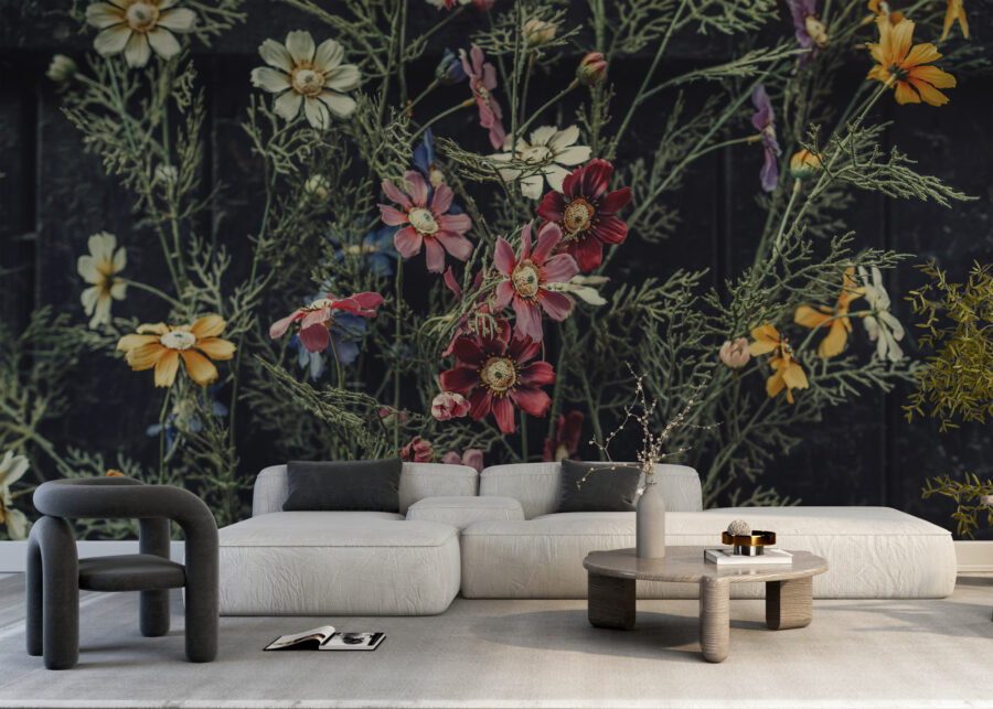 Nástěnná malba barevných květin na tmavém pozadí Zahradní květinová zeď - hlavní obrázek produktu