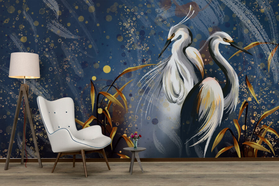 Nástěnná malba v klasickém stylu a tmavých tónech Cranes On Navy Blue Background - hlavní obrázek produktu