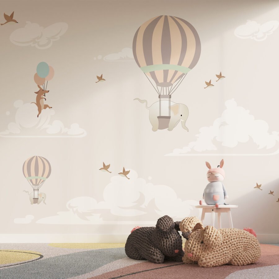 Jemně barevná nástěnná malba Animals In The Sky do dětského pokoje - hlavní obrázek produktu